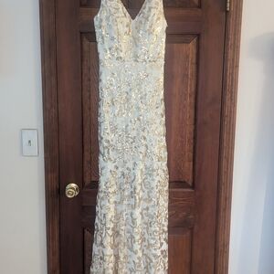 Elegant White and Gold Sequin Gown